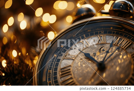 Elegant clock display with shimmering lights during festive celebration 124885734