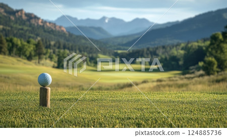 Golf ball on lush green fairway with mountains in the background during late afternoon sunlight 124885736