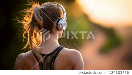 Woman training while listening to music Woman training while listening to music 124885756