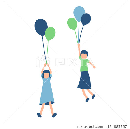 Illustration of women floating on balloons Illustration of women floating on balloons 124885767