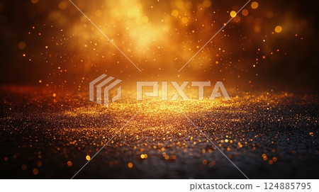 Sparkling golden particles dance over a dimly lit background during an evening event celebration Sparkling golden particles dance over a dimly lit background during an evening event celebration 124885795