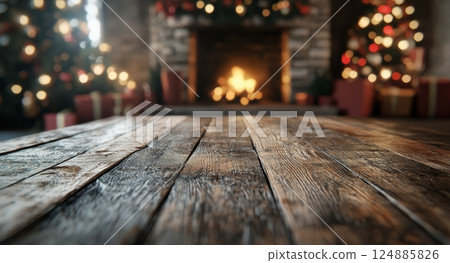 Christmas setting with decorated trees, golden gift, and cozy fireplace glow 124885826