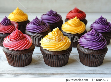 Colorful cupcakes with vibrant frosting arranged in rainbow order on a wooden surface 124885827