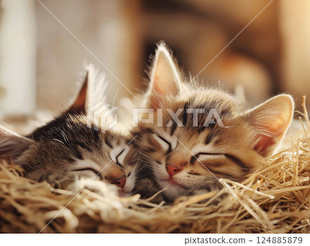 Two adorable kittens sleeping peacefully on a bed of hay 124885879