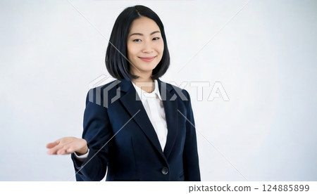 Stock photo of a woman in a business suit making a guidance gesture Stock photo of a woman in a business suit making a guidance gesture 124885899