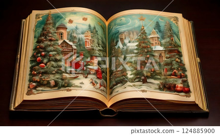 A fantastic picture book illustration of a winter town with a snowy town and Christmas trees 124885900