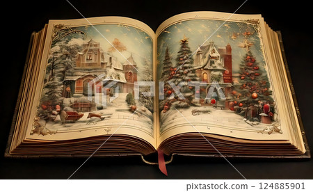 Fantastic illustration from a classic picture book depicting a snowy village and Christmas trees 124885901