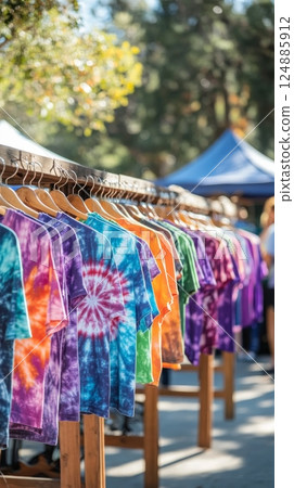 Colorful tie-dye t-shirts displayed at outdoor market in sunlight during warm summer afternoon 124885912
