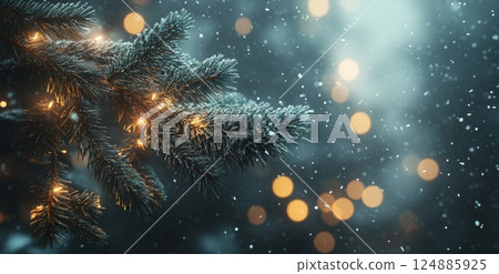Sparkling holiday lights on a pine tree in the dim evening glow of winter festivities Sparkling holiday lights on a pine tree in the dim evening glow of winter festivities 124885925