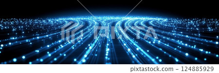 Waves of light create a serene atmosphere in a digital landscape at dusk Waves of light create a serene atmosphere in a digital landscape at dusk 124885929