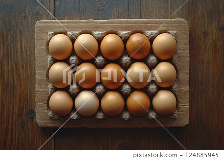 Fresh organic eggs arranged on a wooden tray in a rustic kitchen setting 124885945