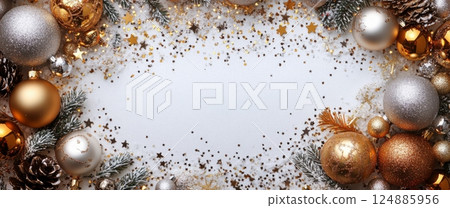 Festive holiday decorations with gold and silver ornaments on white background Festive holiday decorations with gold and silver ornaments on white background 124885956