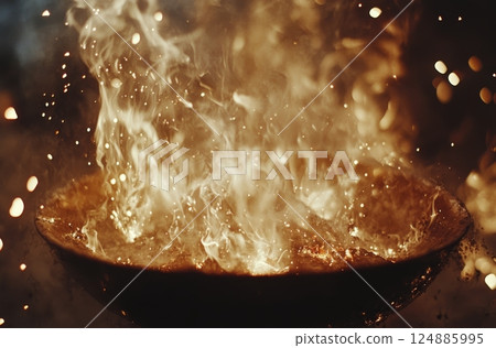 Flames dancing in a metal bowl creating a mesmerizing display of light and heat 124885995