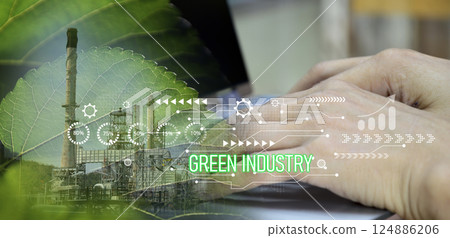 green industry eco power for sustainable energy saving environmental friendly low carbon footprint, green factory industry for good environment ozone air low carbon footprint production concept 124886206