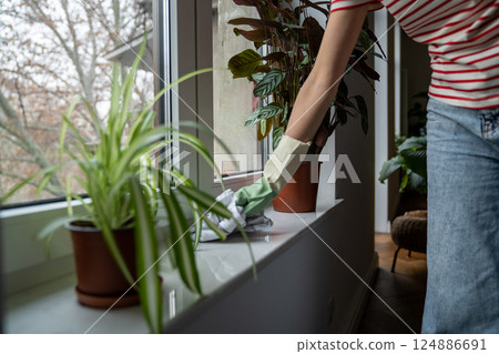 Woman in rubber gloves cleaning windowsill at home 124886691