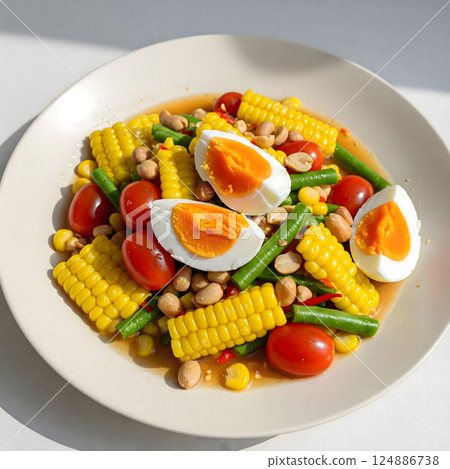 Corn Salad with Salted Eggs or Corn Som Tam is served on a white plate 124886738