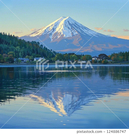 Upside-down Fuji reflected in Lake Kawaguchi in the early morning 124886747