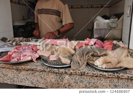 Morocco, Marrakech, Jemaa el Fna square, old town, medina, butcher shop Morocco, Marrakech, Jemaa el Fna square, old town, medina, butcher shop 124886807