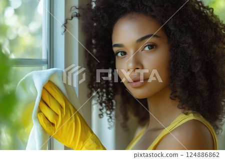 Young woman cleaning window with yellow gloves 124886862