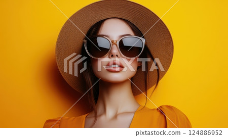 A young woman with a bold expression, wearing oversized sunglasses and a stylish hat A young woman with a bold expression, wearing oversized sunglasses and a stylish hat 124886952