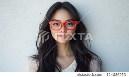 A vibrant woman with long, dark hair and red glasses poses against a stark white wall 124886953