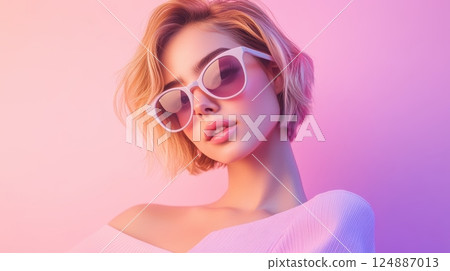 A young woman with short blonde hair and pastel sunglasses, smiling gently against a soft pink A young woman with short blonde hair and pastel sunglasses, smiling gently against a soft pink 124887013