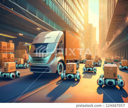 Illustration of an autonomous truck and a delivery robot moving around a petrochemical complex 124887057