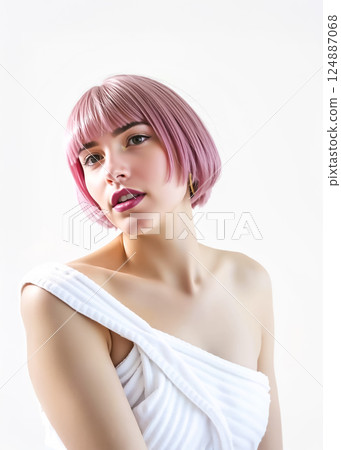 Young woman wearing a towel with pink hair 124887068