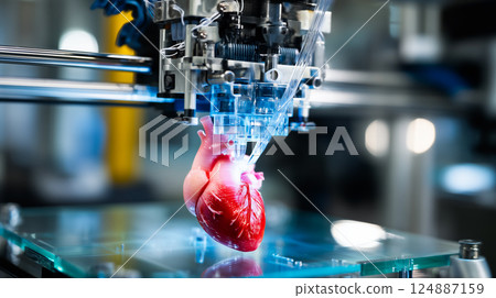 3D printer nozzle meticulously crafting a realistic human heart model layer by layer 3D printer nozzle meticulously crafting a realistic human heart model layer by layer 124887159