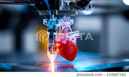 3D printer nozzle meticulously crafting a realistic human heart model layer by layer 3D printer nozzle meticulously crafting a realistic human heart model layer by layer 124887162