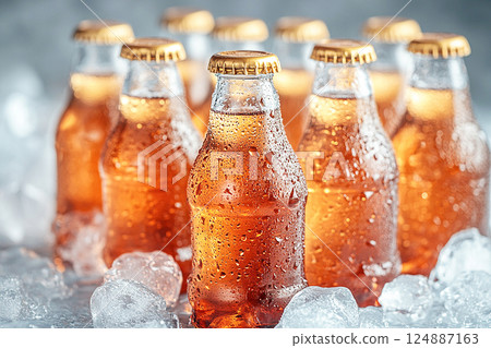 Close-up of a retro cooler filled with glass soda bottles and ice. Retro style. Close-up of a retro cooler filled with glass soda bottles and ice. Retro style. 124887163