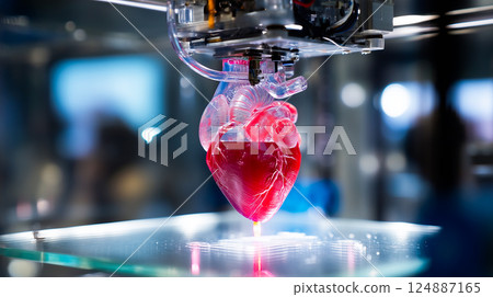 3D printer nozzle meticulously crafting a realistic human heart model layer by layer 3D printer nozzle meticulously crafting a realistic human heart model layer by layer 124887165