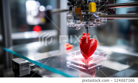 3D printer nozzle meticulously crafting a realistic human heart model layer by layer 3D printer nozzle meticulously crafting a realistic human heart model layer by layer 124887166