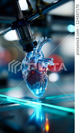 3D printer nozzle meticulously crafting a realistic human heart model layer by layer 3D printer nozzle meticulously crafting a realistic human heart model layer by layer 124887170