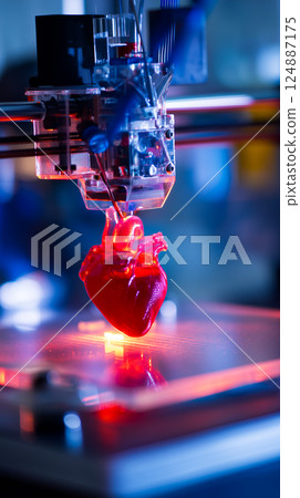 3D printer nozzle meticulously crafting a realistic human heart model layer by layer 124887175