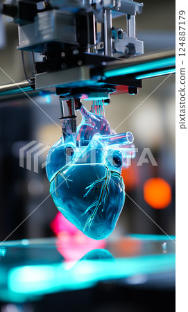 3D printer nozzle meticulously crafting a realistic human heart model layer by layer 124887179