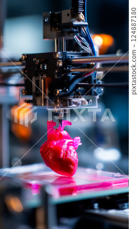 3D printer nozzle meticulously crafting a realistic human heart model layer by layer 3D printer nozzle meticulously crafting a realistic human heart model layer by layer 124887180