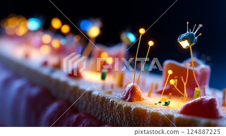 Dental nanorobots performing delicate microsurgery on gum tissue, removing diseased cells Dental nanorobots performing delicate microsurgery on gum tissue, removing diseased cells 124887225