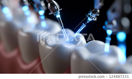 Dental nanorobots performing delicate microsurgery on gum tissue, removing diseased cells 124887231