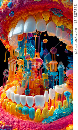 A surreal and highly detailed macro view inside a mouth. A surreal and highly detailed macro view inside a mouth. 124887238