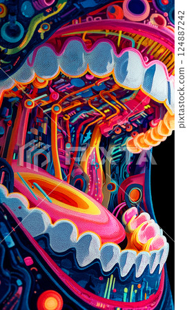 A surreal and highly detailed macro view inside a mouth. 124887242