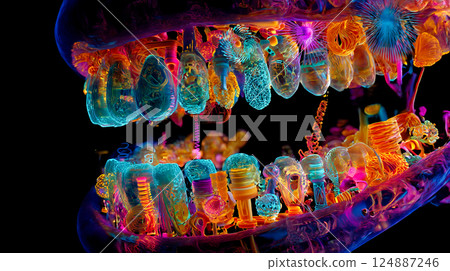 A surreal and highly detailed macro view inside a mouth. A surreal and highly detailed macro view inside a mouth. 124887246