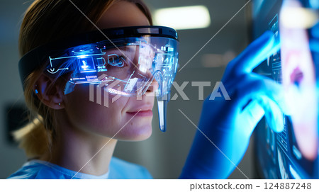 Dentist analyzing a complex, futuristic digital interface displaying a detailed 3D scan 124887248