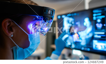 Dentist analyzing a complex, futuristic digital interface displaying a detailed 3D scan Dentist analyzing a complex, futuristic digital interface displaying a detailed 3D scan 124887249