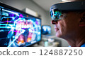 Dentist analyzing a complex, futuristic digital interface displaying a detailed 3D scan 124887250