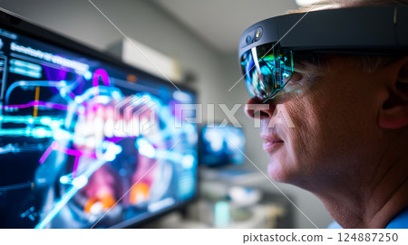 Dentist analyzing a complex, futuristic digital interface displaying a detailed 3D scan Dentist analyzing a complex, futuristic digital interface displaying a detailed 3D scan 124887250