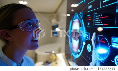 Dentist analyzing a complex, futuristic digital interface displaying a detailed 3D scan Dentist analyzing a complex, futuristic digital interface displaying a detailed 3D scan 124887253