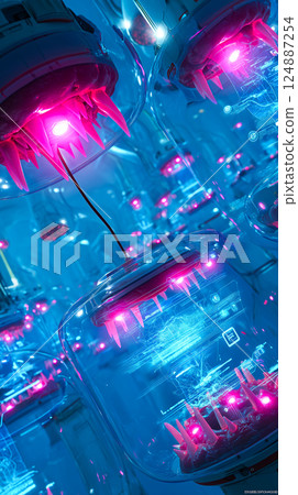 Dental nanorobots performing delicate microsurgery on gum tissue, removing diseased cells Dental nanorobots performing delicate microsurgery on gum tissue, removing diseased cells 124887254