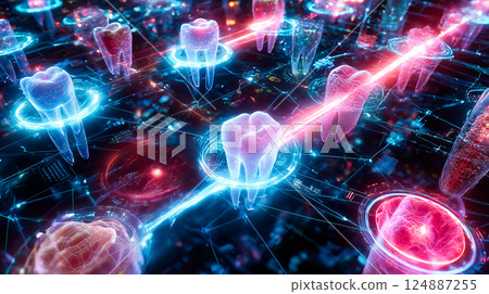 Dental nanorobots performing delicate microsurgery on gum tissue, removing diseased cells Dental nanorobots performing delicate microsurgery on gum tissue, removing diseased cells 124887255