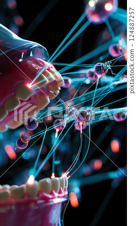 Dental nanorobots performing delicate microsurgery on gum tissue, removing diseased cells Dental nanorobots performing delicate microsurgery on gum tissue, removing diseased cells 124887257
